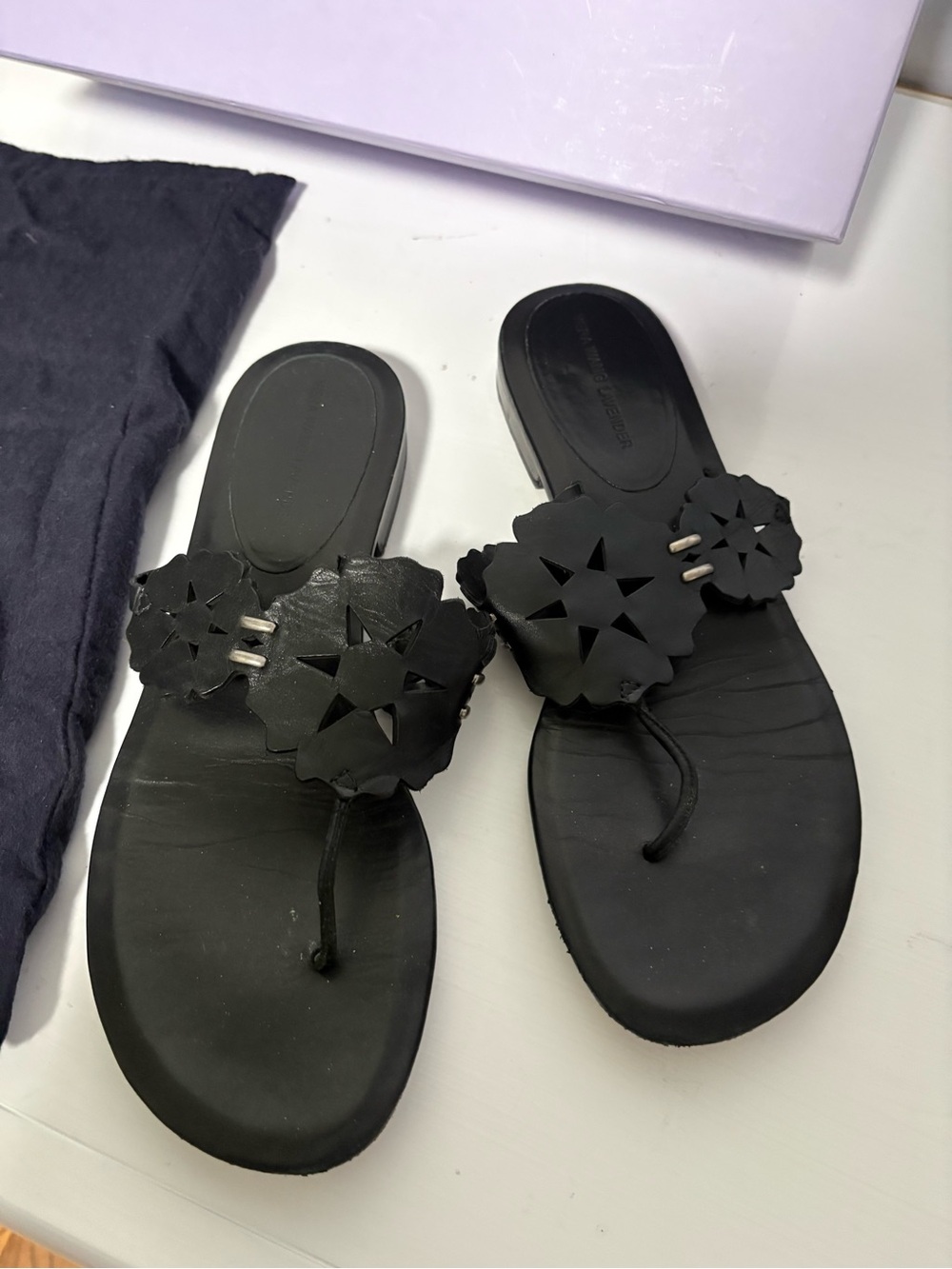 Vera Wang Lavender Black Floral Thong Sandals